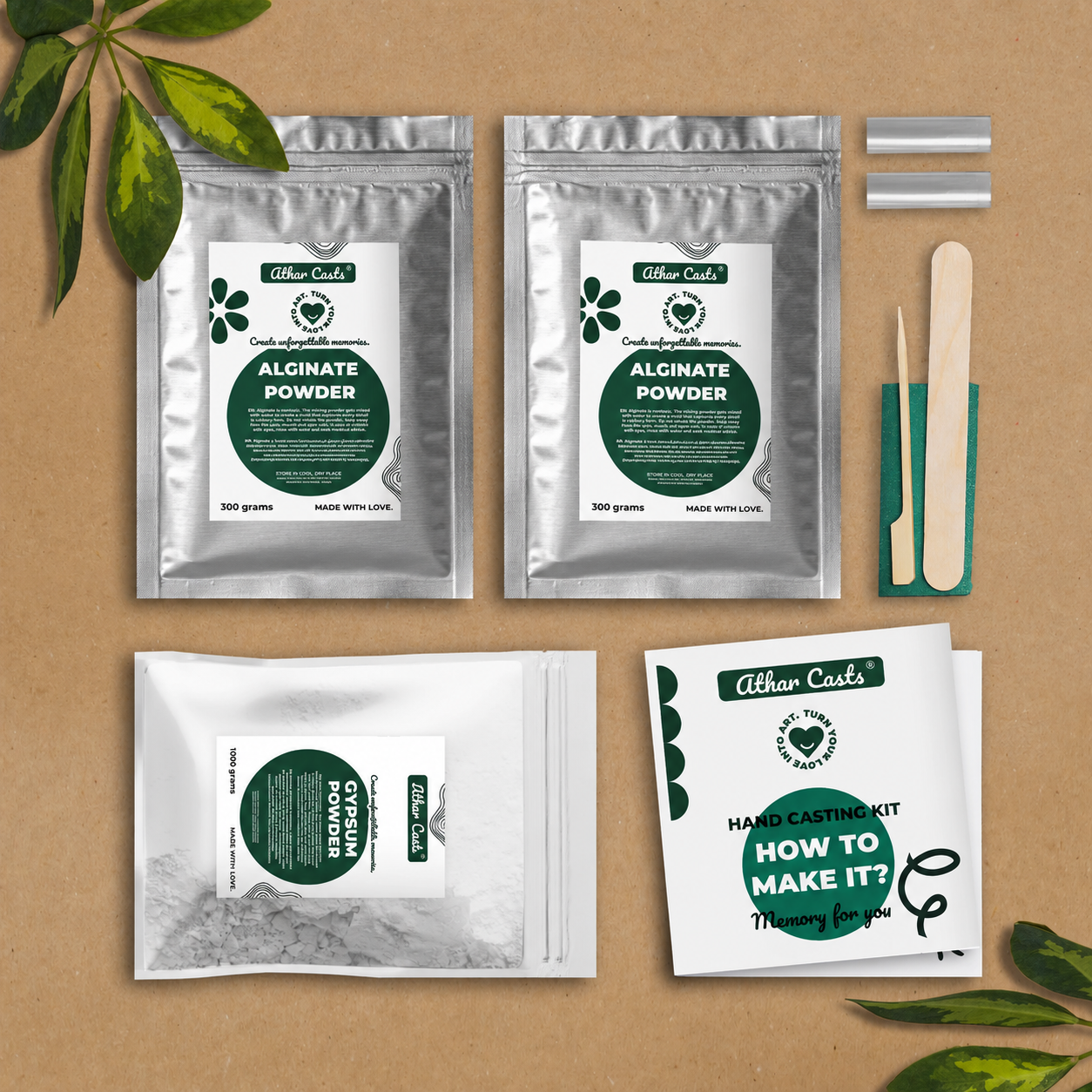 Athar Casts kit contents - alginate powder, gypsum powder, tools, and instructions