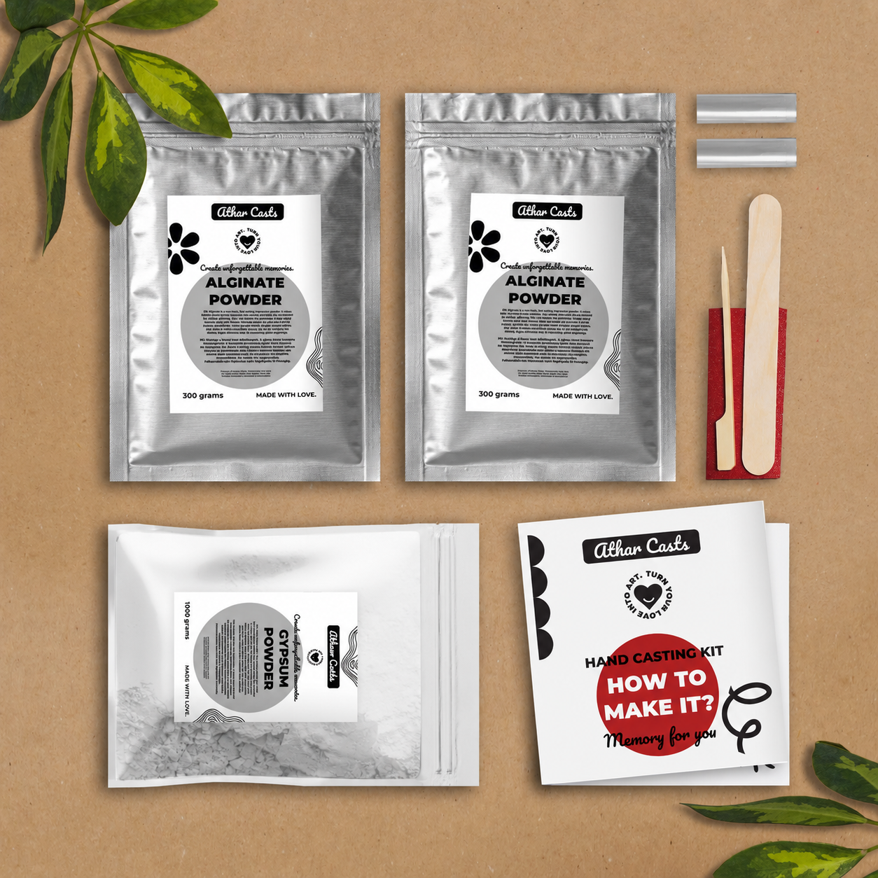 Athar Casts kit contents - alginate powder, gypsum powder, tools, and instructions